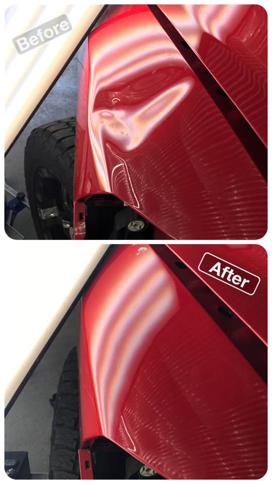  Ram Truck, Right Front Fender. This dent was repaired for a local auction. The vehcile had to be perfect and they were happy to pay a premium to have it perfect. 